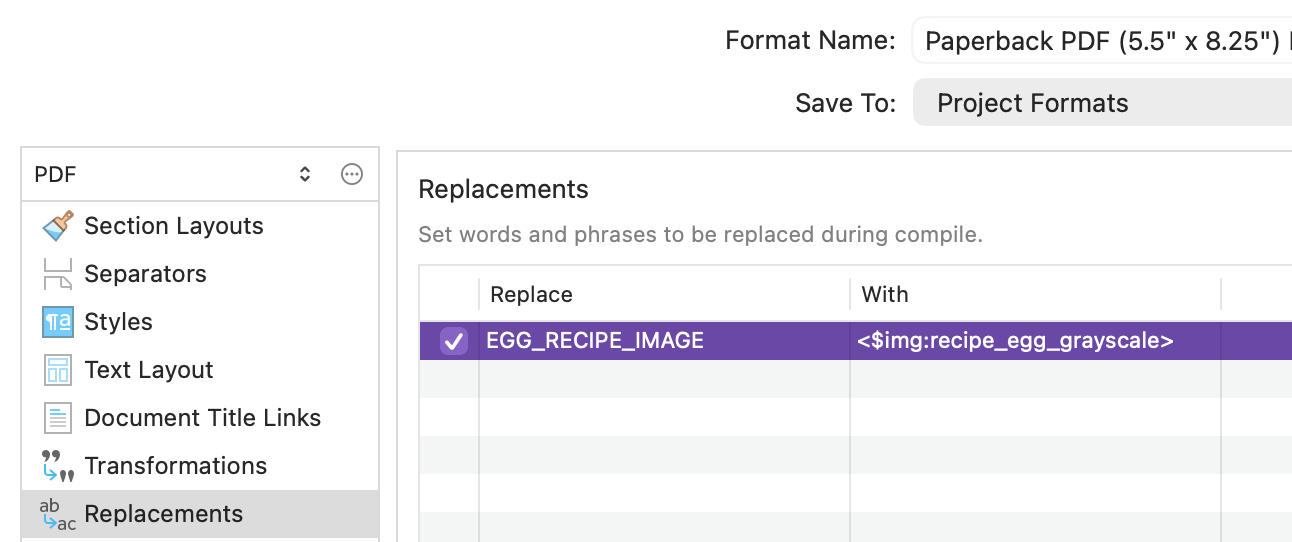  Sample of text substitution for a PDF Compile Format 