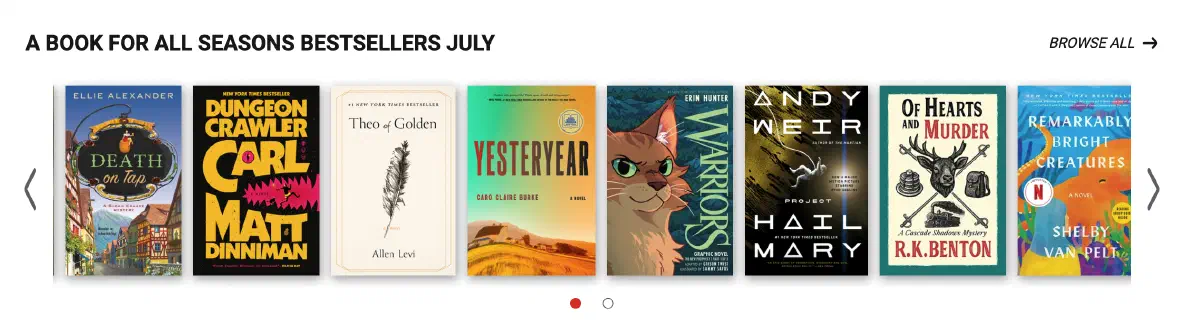 A Book For All Seasons July bestsellers, with Of Hearts and Murder between Project Hail Mary and Remarkably Bright Creatures