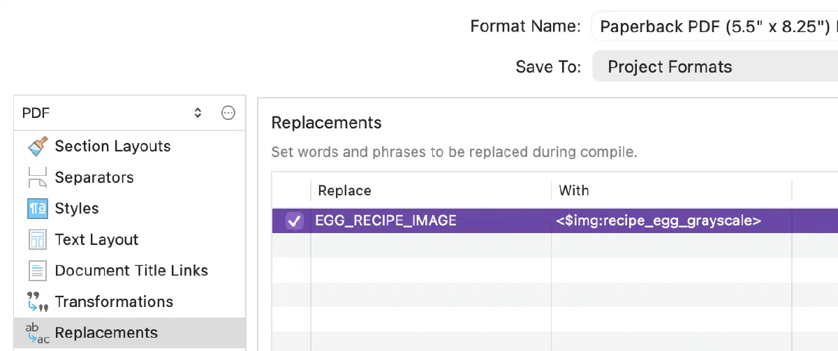 Sample of text substitution for a PDF Compile Format