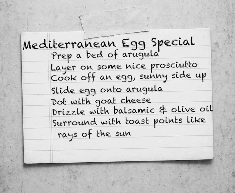 A hand-written recipe card: Mediterranean Egg Special